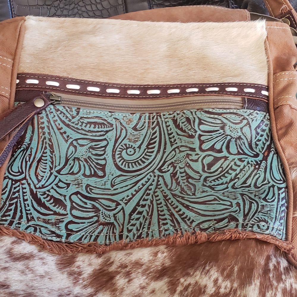 COLDWATER CREEK Brown & Green Faux Croc Leather  Embossed Satchel Tote 16 X 11.5